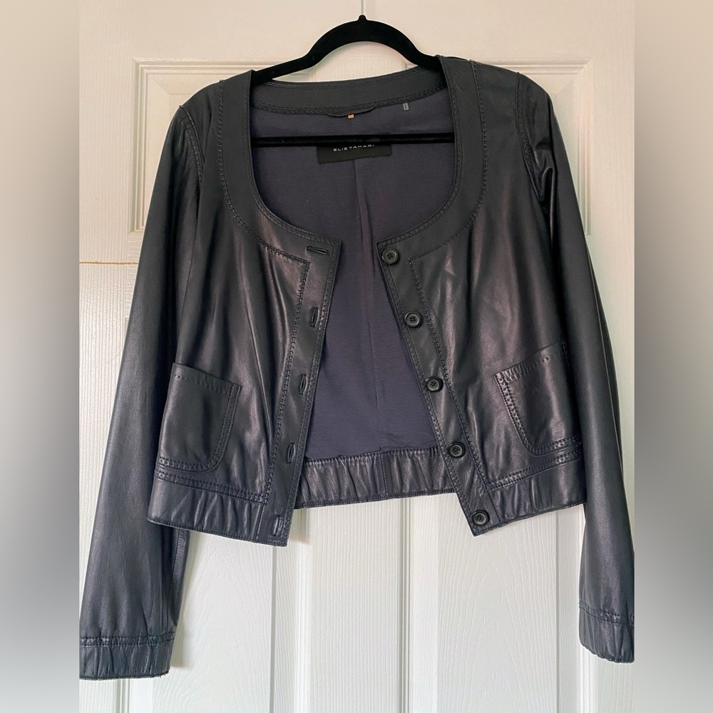Elise Tahari Scoop Neck Leather Jacket
